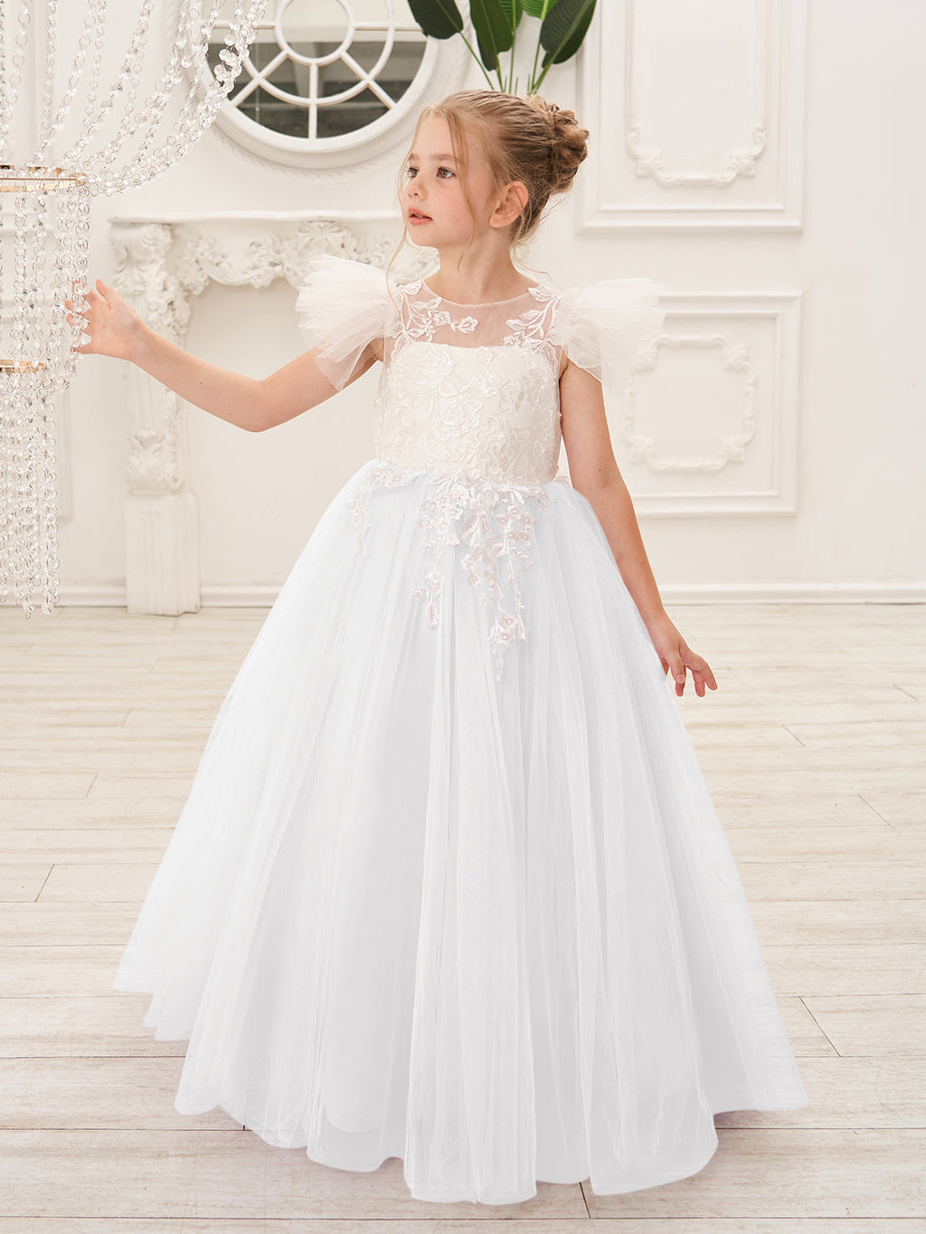 Abnehmbares Blumenmädchenkleid aus Spitze und Tüll mit Schleppe 