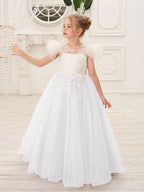Abnehmbares Blumenmädchenkleid aus Spitze und Tüll mit Schleppe 