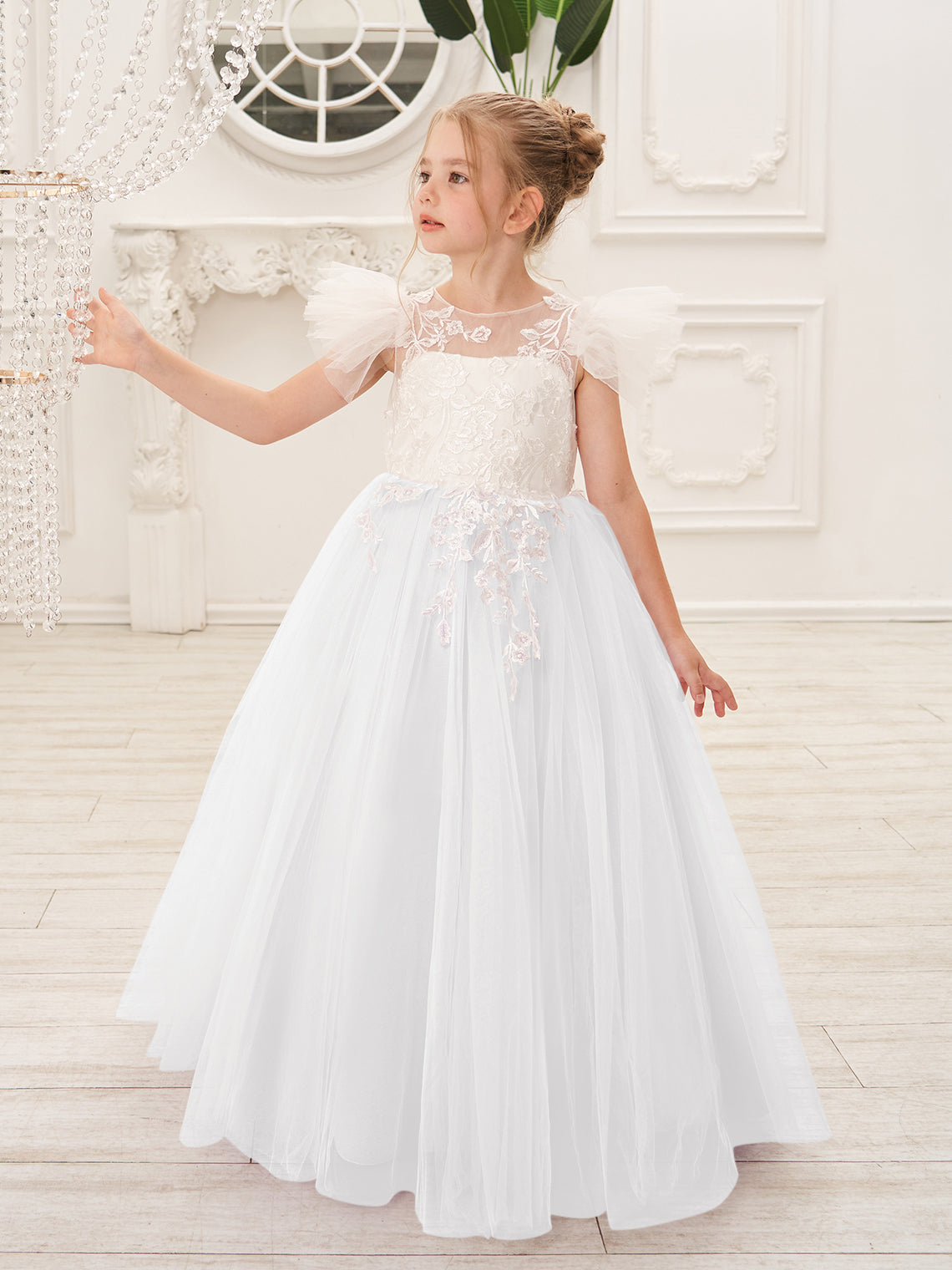 Abnehmbares Blumenmädchenkleid aus Spitze und Tüll mit Schleppe 