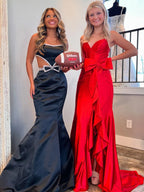 Windsor | Vestido de fiesta largo de sirena con escote redondo, cuentas y lazo