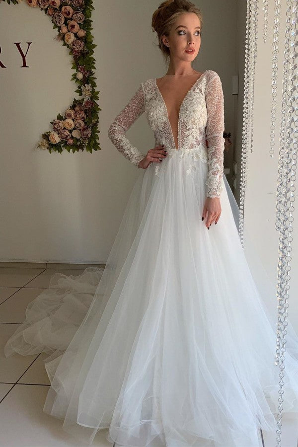 Vestido de novia princesa de tul con escote en V y mangas largas cálido de invierno