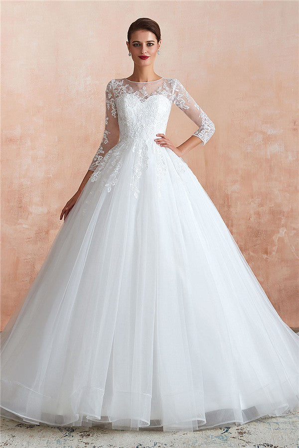 Wunderschönes langes A-Linien-Brautkleid aus Tüll mit Applikationen und Ärmeln