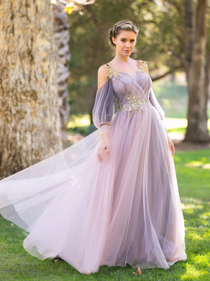 Vestidos de fiesta con apliques de media manga de tul y parte superior cruzada