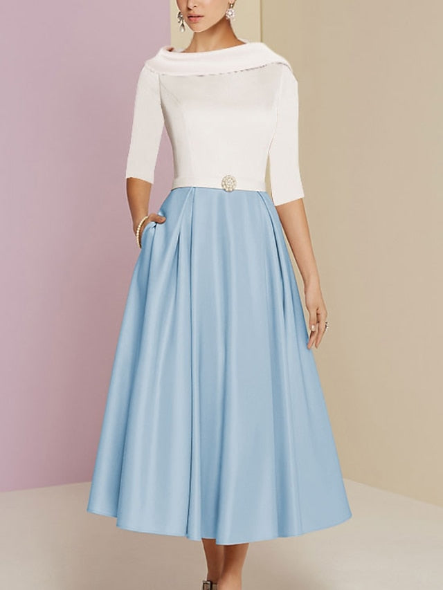 Vestidos de madre de la novia de corte A/princesa, escote joya, media manga, largo hasta la rodilla, con bolsillos y pliegues
