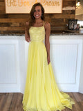 Vestidos de fiesta formales largos de gasa con lentejuelas, espalda descubierta y corte en A en amarillo