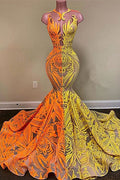 Gelbes und oranges Meerjungfrau-Abschlussballkleid mit Spitze, lang