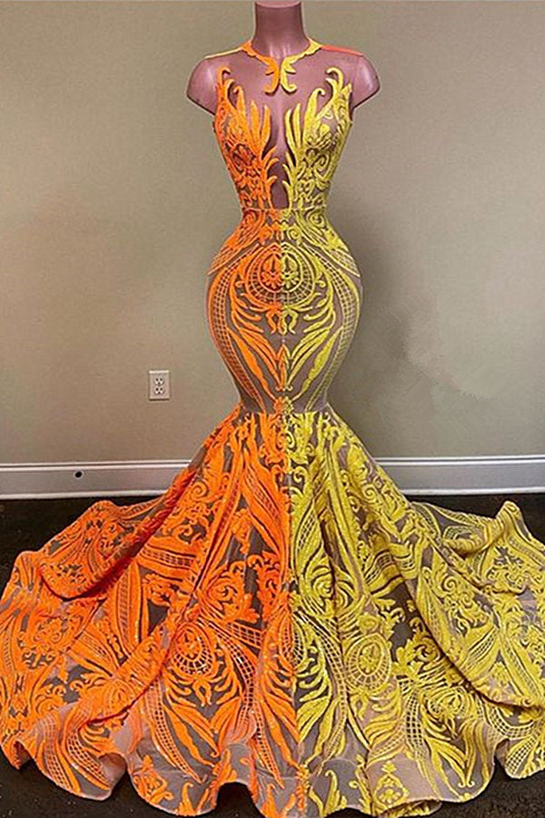 Gelbes und oranges Meerjungfrau-Abschlussballkleid mit Spitze, lang