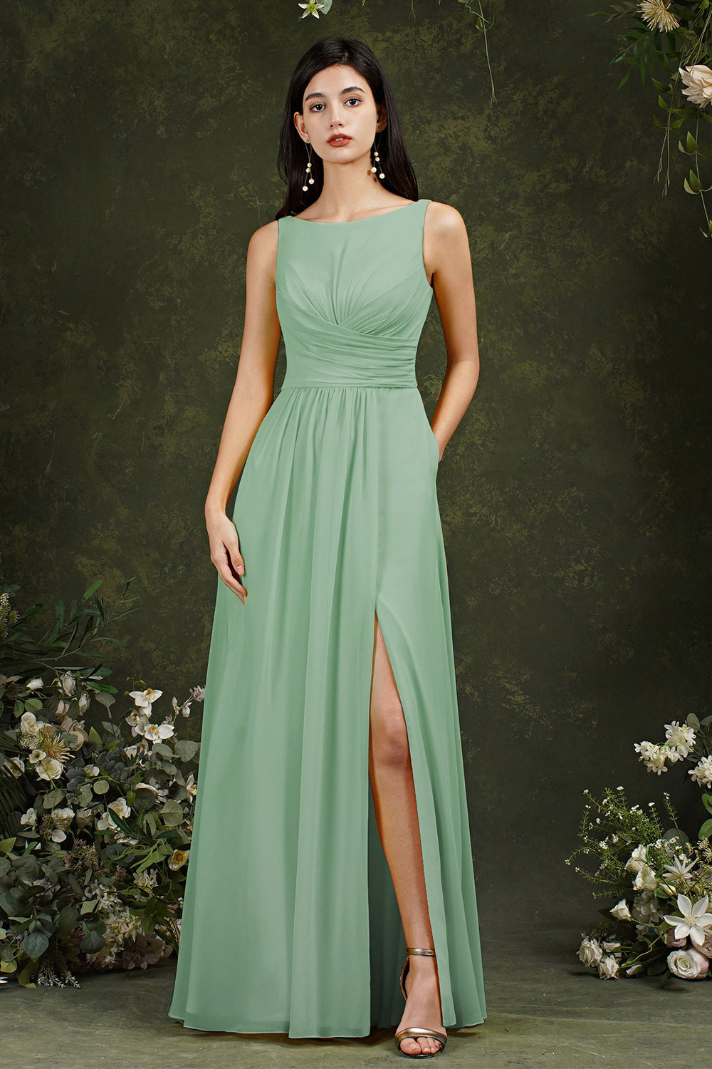 Vestido de dama de honor amarillo de corte barco, de gasa, con volantes, abertura hasta el suelo y bolsillos