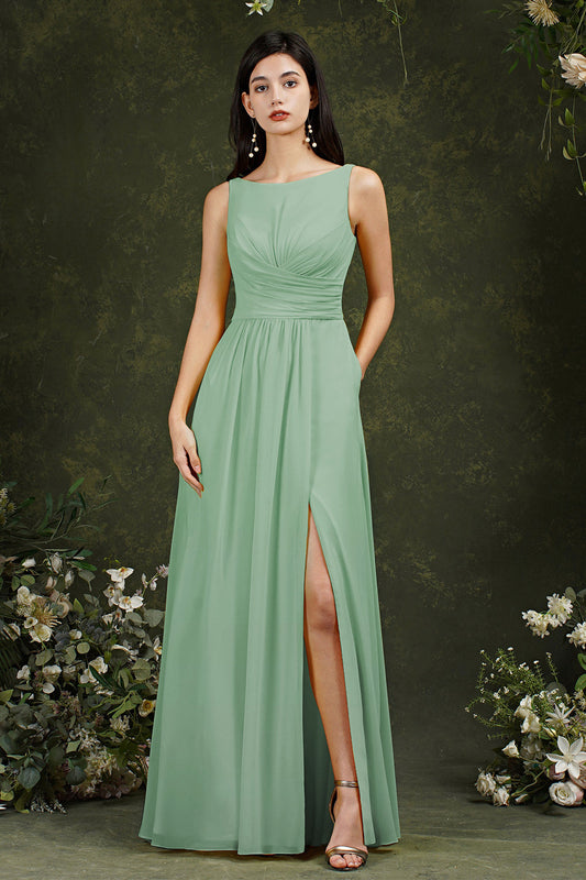 Yellow Bateau A-Line Chiffon Ruffles Split Floor-length Bridesmaid Dress With Pockets