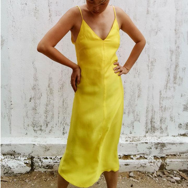 Yellow Cupro V Neck Slip Dress