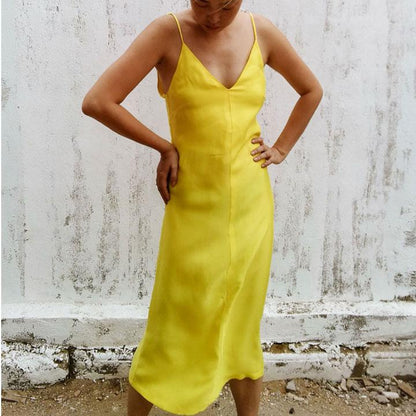 Yellow Cupro V Neck Slip Dress