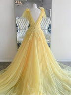 Gelbes langes A-Linien-Kleid mit V-Ausschnitt und Spitze und Tüll, rückenfrei, formelle Abschlussballkleider