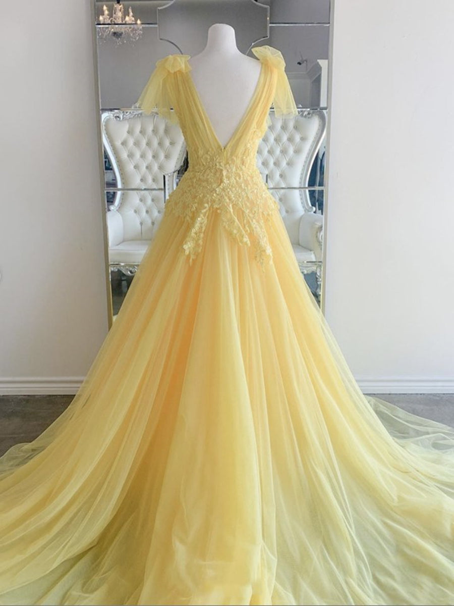 Gelbes langes A-Linien-Kleid mit V-Ausschnitt und Spitze und Tüll, rückenfrei, formelle Abschlussballkleider