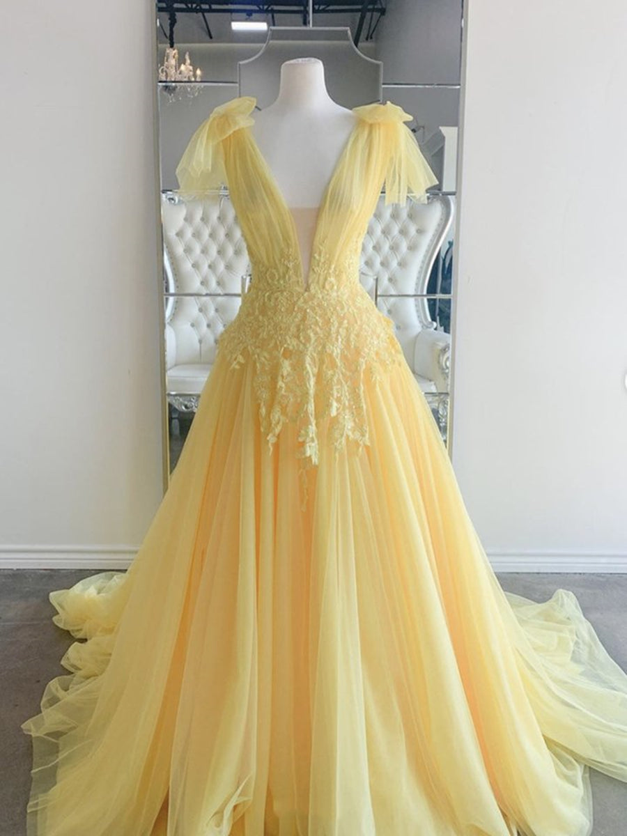 Gelbes langes A-Linien-Kleid mit V-Ausschnitt und Spitze und Tüll, rückenfrei, formelle Abschlussballkleider