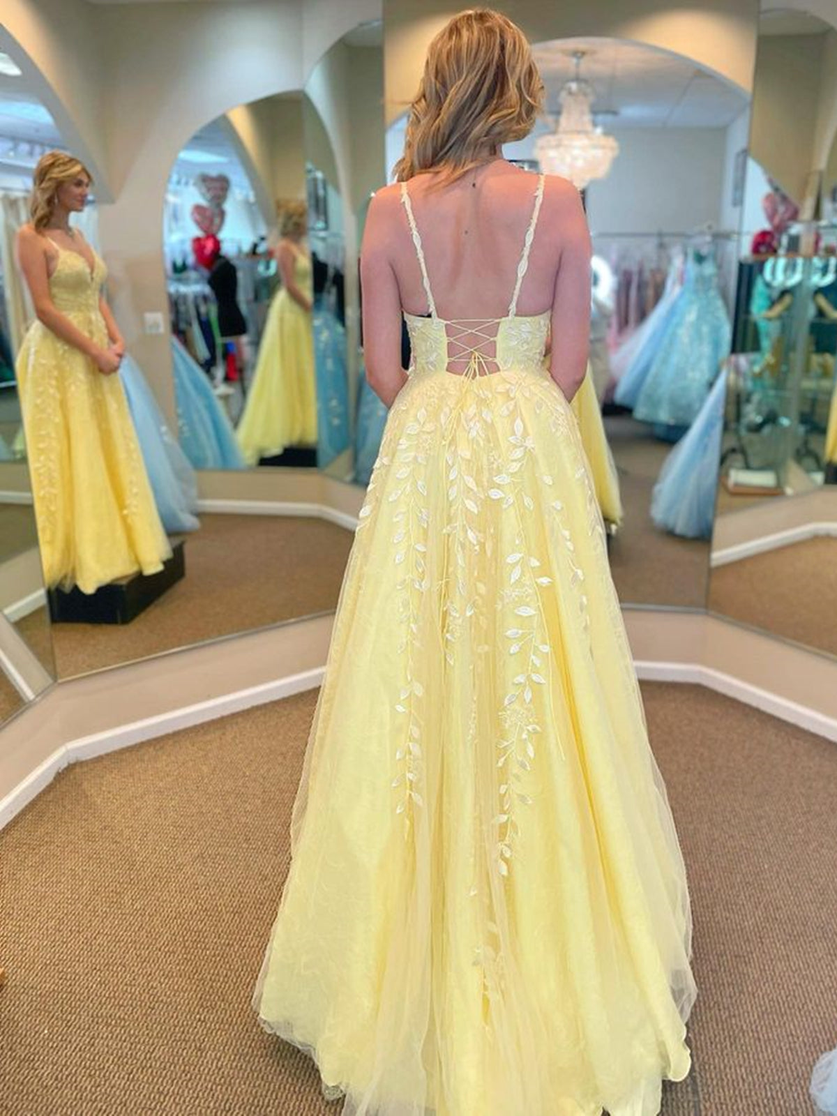 Yellow Long A Line V Neck Lace Tulle Open Back Prom Dresses with Appliques
