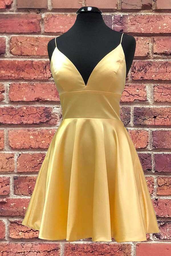 Gelbes Homecoming-Kleid mit V-Ausschnitt und Satinträgern, kurzes Ballkleid PD279