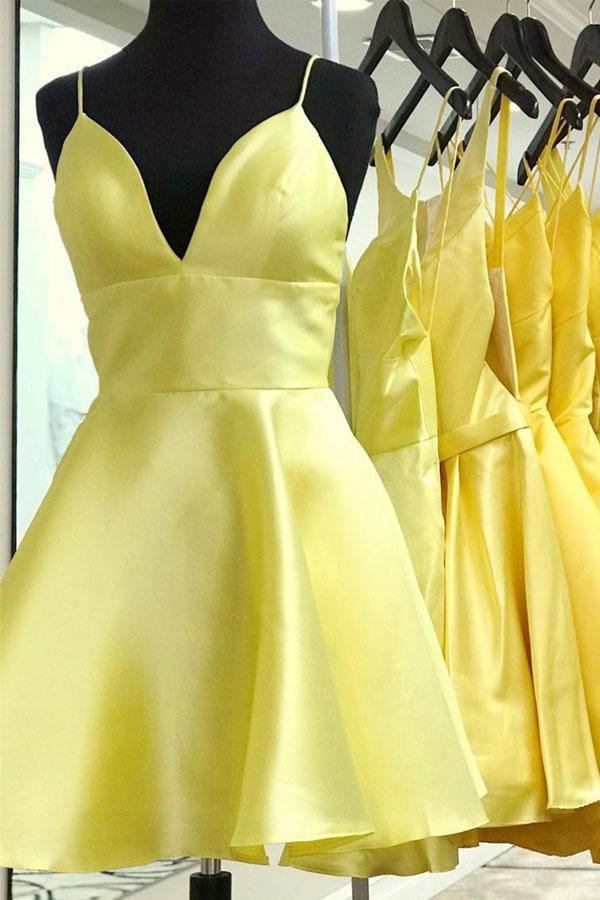 Gelbes Homecoming-Kleid mit V-Ausschnitt und Satinträgern, kurzes Ballkleid PD279