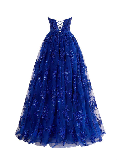 A Line Strapless Pleating Long Prom Dress With Applique