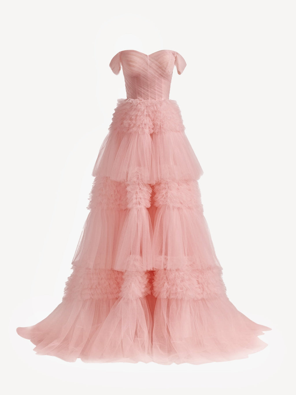 Zariah | Vestido de fiesta de tul con volantes, corte princesa ruborizado, corte A y hombros descubiertos