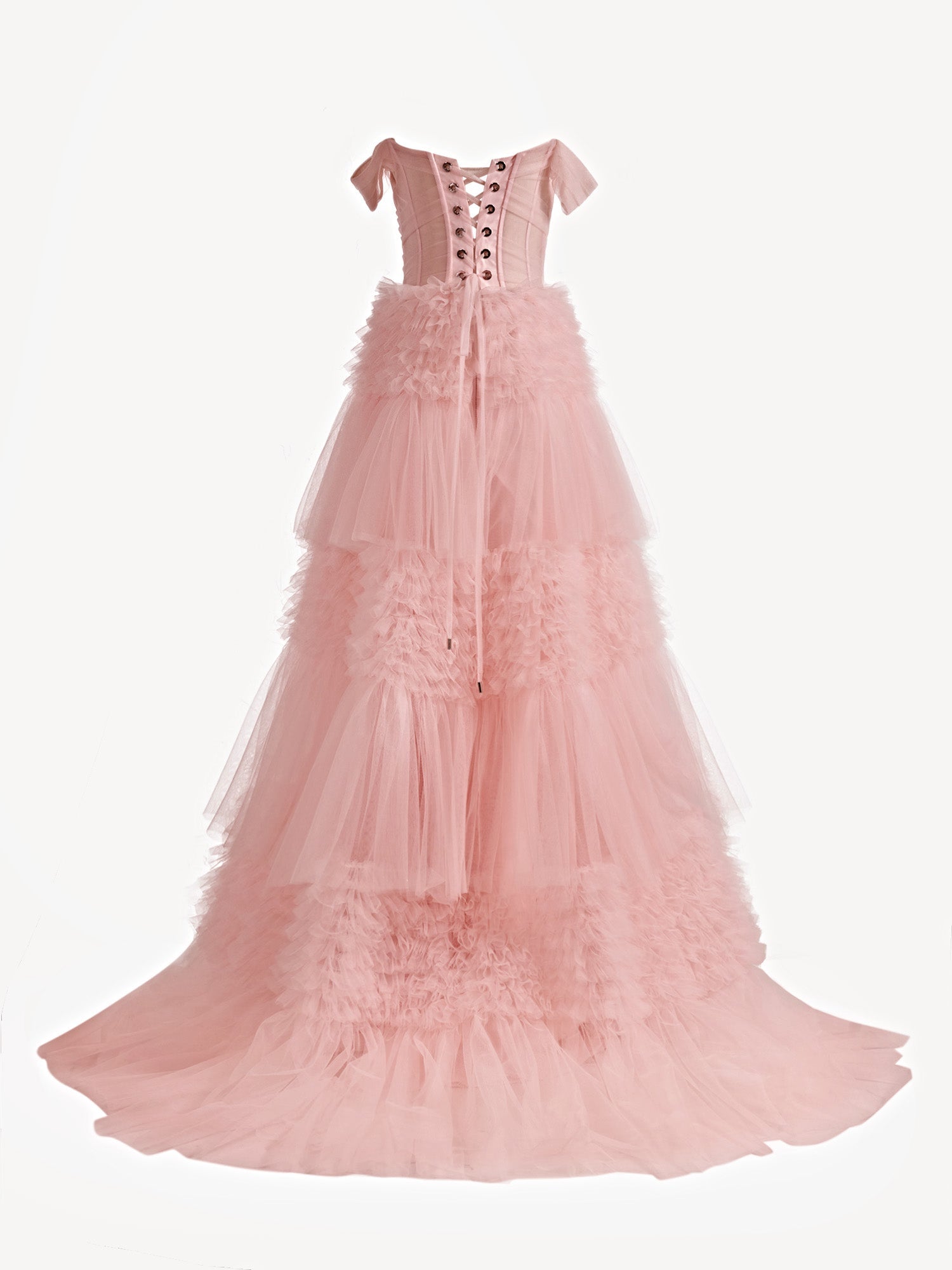 Zariah | Vestido de fiesta de tul con volantes, corte princesa ruborizado, corte A y hombros descubiertos