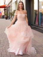 Zariah | Vestido de fiesta de tul con volantes, corte princesa ruborizado, corte A y hombros descubiertos
