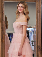 Zariah | Vestido de fiesta de tul con volantes, corte princesa ruborizado, corte A y hombros descubiertos