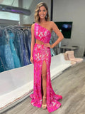 Zayna | Vestido de fiesta largo de sirena con un solo hombro, abertura en la espalda, lentejuelas y encaje con abertura
