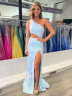 Zayna | Vestido de fiesta largo de sirena con un solo hombro, abertura en la espalda, lentejuelas y encaje con abertura