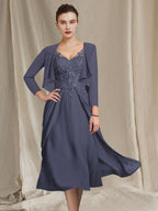 Vestidos de madre de la novia de corte A/princesa, escote en V y largo hasta la rodilla